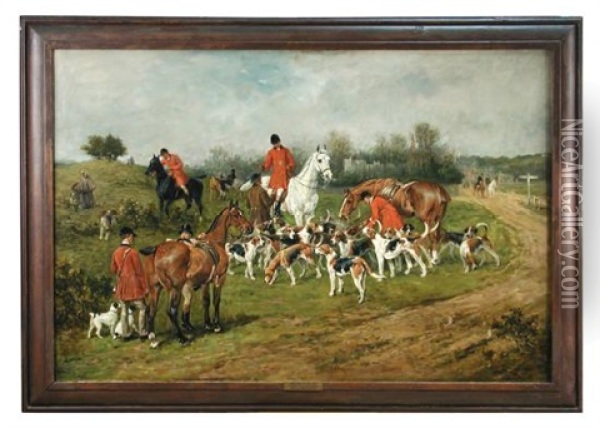 The New Forest Buckhounds Meet At Lyndhurst Bench Oil Painting - John Emms