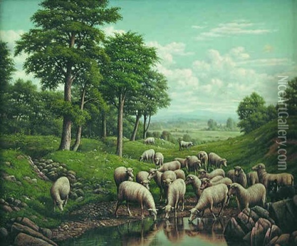 Sheep Watering Oil Painting - Levi Wells Prentice