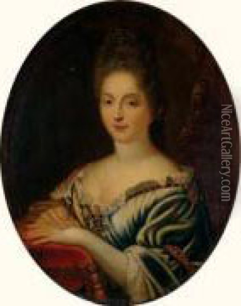 Portrait D'une Femme De Qualite Les Mains Posees Sur Un Coussin Rouge Oil Painting - Francois de Troy