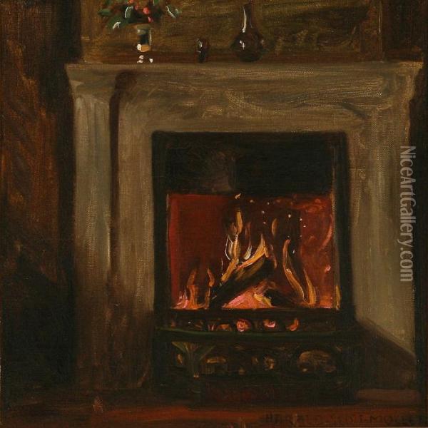 Interior With A Fireplace Oil Painting - Harald Slott-Moller