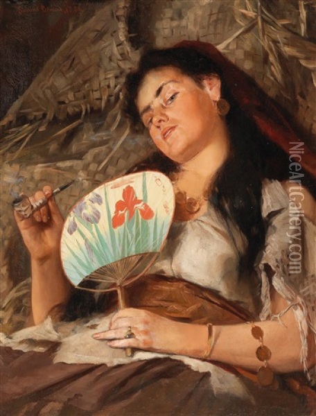 Girl Smoking Pipe With Japanese Fan Oil Painting - Edmund Blume