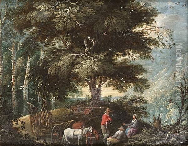 A Wooded Landscape With Peasants And A Horsedrawn Wagon On A Track Oil Painting - Jasper van der Lamen