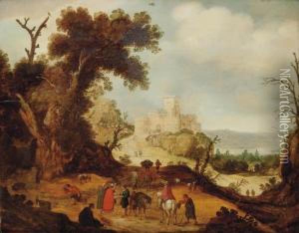 Attributed To Willem Van Nieulandt Ii An Italianate Landscape With Travellers And A Fortune Teller On Apath, A Fortification Beyond Oil Painting - Willem van, the Younger Nieulandt
