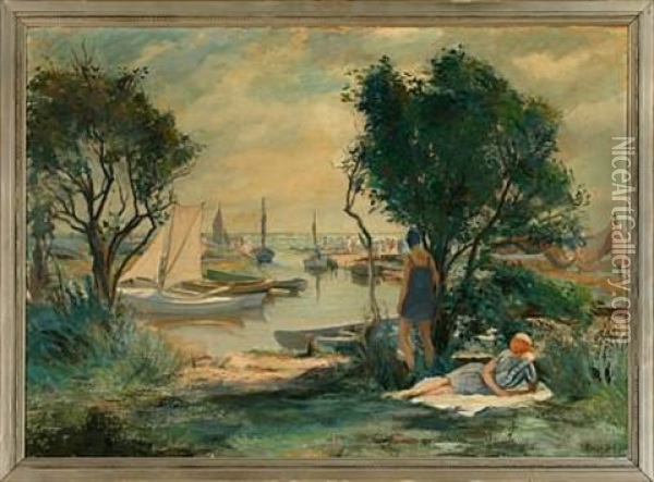 Summer Day At Walloe's Harbour In Dragor Oil Painting - Sally Nikolai Philipsen