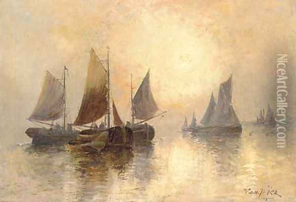 The fishing fleet at sunrise; and The fishing fleet at dusk Oil Painting - Joachim Van Hier