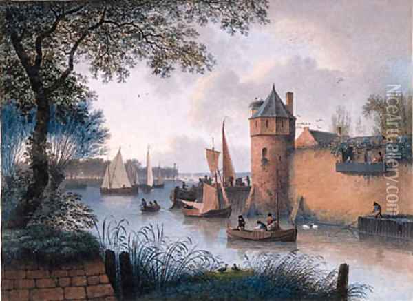 A Town Wall with a Jetty by a Tower at an Estuary and Fishermen mooring, elegant company looking on from a balcony Oil Painting - Joseph Augustus Knip