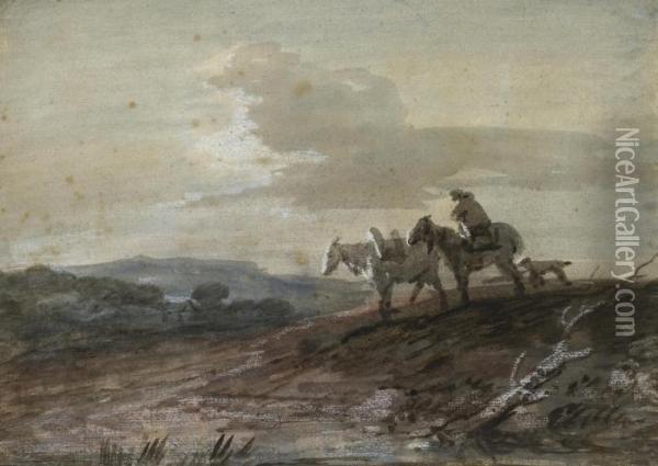 An Open Landscape At Dusk; Withfigure, Packhorse, Dog And Cottage Oil Painting - Thomas Gainsborough