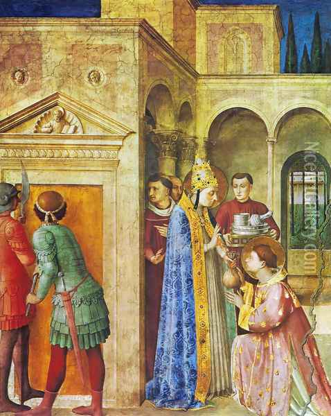 St. Lawrence receives from Sixtus II treasures of the church Oil Painting - Angelico Fra