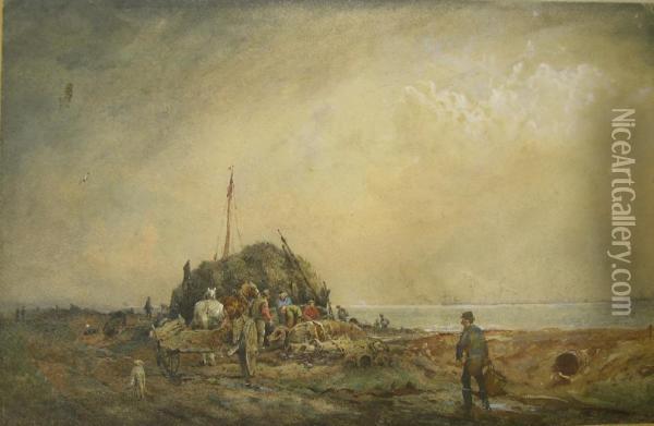 Figures And Cartbeside Seaweed Hut With View Of The Solent In The Distance Oil Painting - William Sidney Goodwin