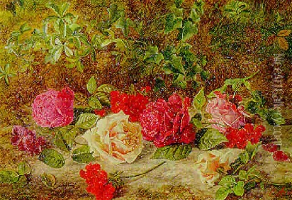 Geraniums And Roses On A Mossy Bank Oil Painting - Charles Archer