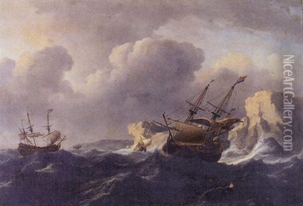 Shipping In A Storm Off A Rocky Coast Oil Painting - Ludolf Backhuysen the Elder