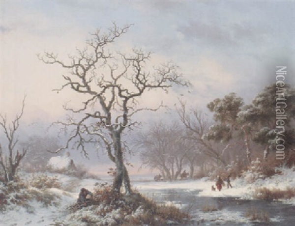 Faggot Gatherers In A Winter Landscape Oil Painting - Frederik Marinus Kruseman