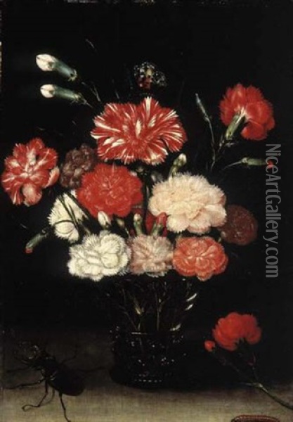 Carnations In A Roemer With A Butterfly, A Caterpillar And A Stag Beetle Oil Painting - Pieter Binoit
