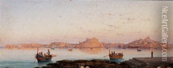 Dusk In The Grand Harbour, Valletta, Malta Oil Painting - Luigi Maria Galea