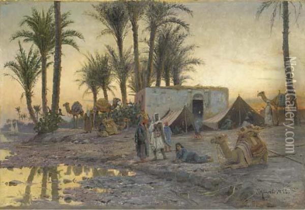 A Bedouin Camp At Gerzereh After Sunset Oil Painting - Peder Mork Monsted