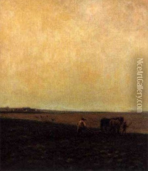 A Ploughing Scene At Potton, Bedfordshire Oil Painting - Edgar W. Wills