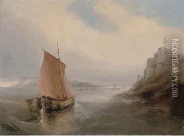 Fishing Boats On A Misty Day Off A Rocky Coastline Oil Painting - Henry Redmore