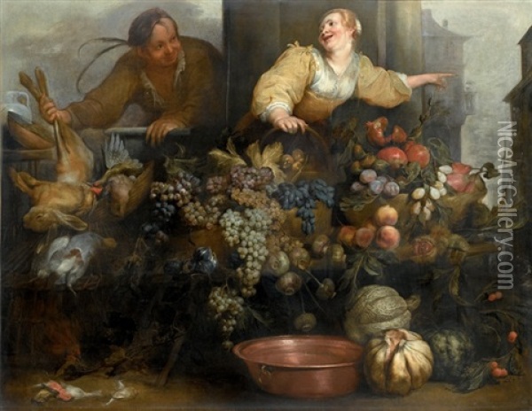 Composizione Di Frutta, Ortaggi E Cacciagione Con Due Figure Oil Painting - Jan Thomas I Roos