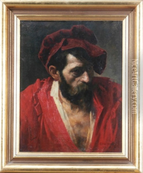 Man In Red Hat Oil Painting - Ernst Otto Leuenberger