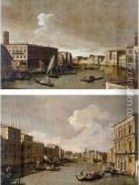 View Of The Grand Canal Looking 
North From The Rialto; View Of The Grand Canal From The Palazzo 
Vendramin Calergi To San Geremia Oil Painting - Apollonio Domenichini