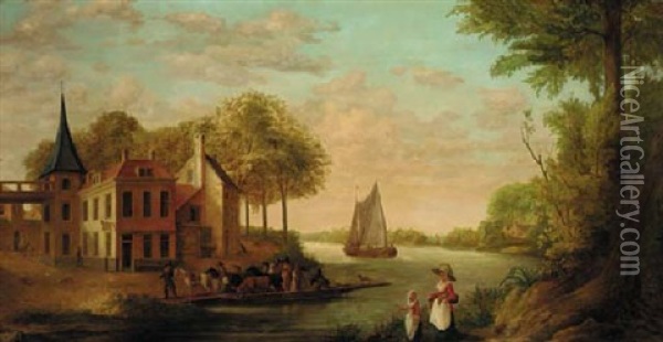 Peasants And Horses Disembarking From A Ferry Near The Star Inn Oil Painting - Jurriaan Andriessen