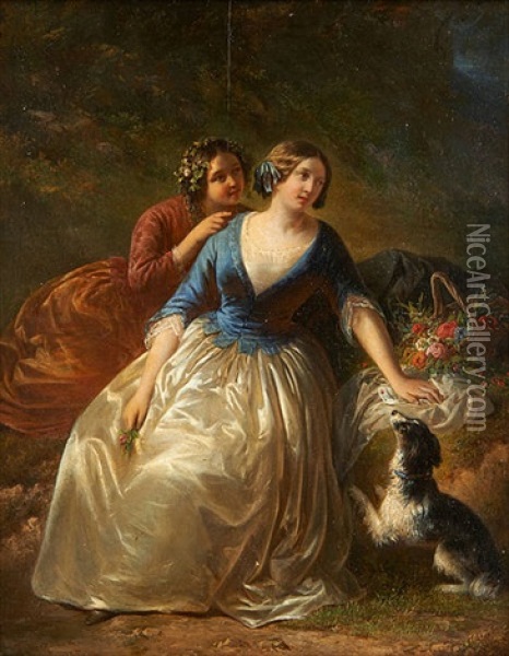 Deux Jeunes Femmes Et Leur Chien Oil Painting - Joseph Meganck