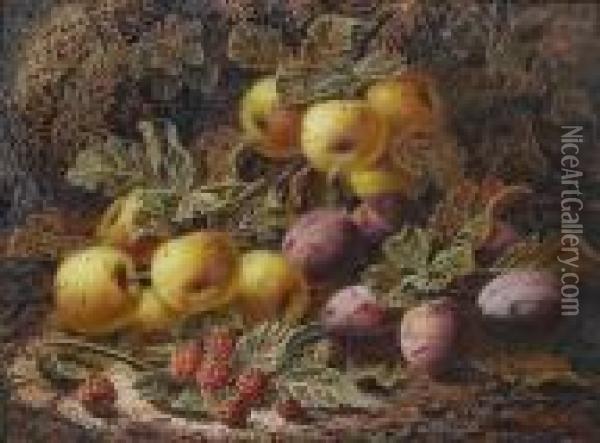 Still Live Of Fruit On A Mossy Bank; Still Life Of Fruit On A Ledge Oil Painting - Oliver Clare