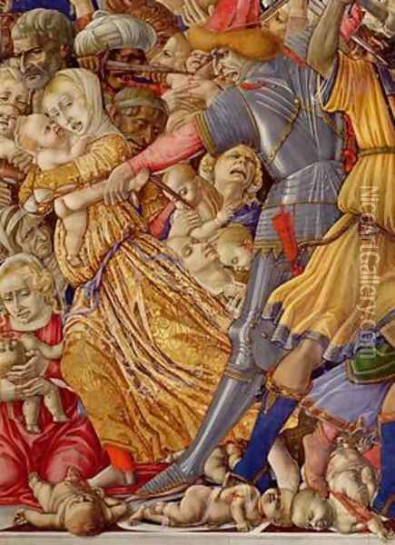 The Massacre of the Innocents detail of a soldier preparing to stab a child and surrounding carnage 1482 Oil Painting - di Giovanni di Bartolo Matteo