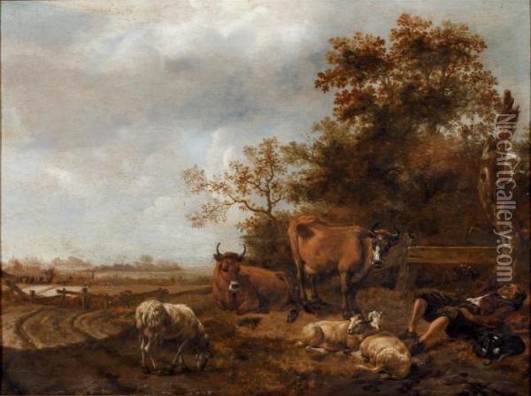 A Peasant Resting Near His Cows And Sheep In A Woodedlandscape Oil Painting - Nicolaes Berchem