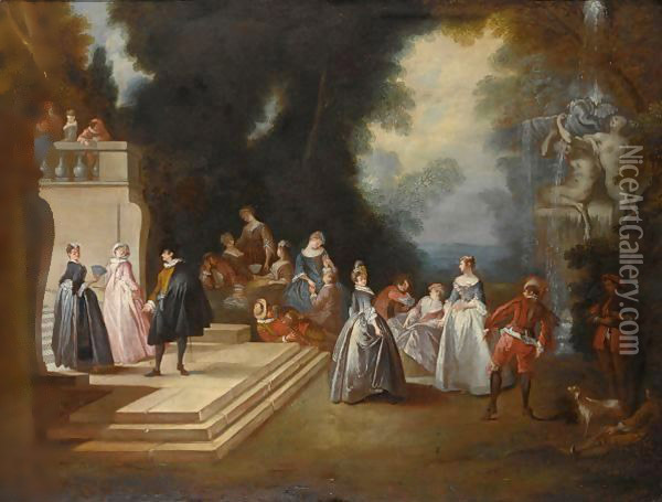 An Elegant Company Conversing In A Park Setting, Near A Fountain Oil Painting - Nicolas Lancret