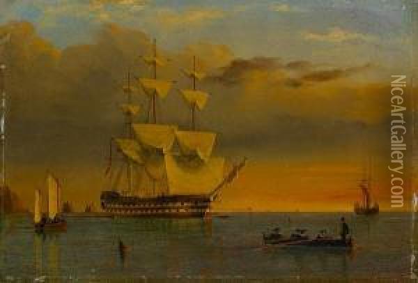 A British '74' Anchored Offshore And Dryingher Sails At Sunset Oil Painting - William Frederick Settle