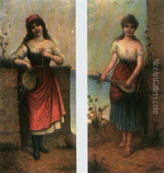Tambourin-girl (+ Gitarrenspielerin; Pair) Oil Painting - Egisto Ferroni