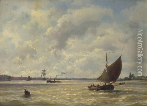 A Capriccio View With Ships On The Nieuwe Maas, Rotterdam Oil Painting - Johannes Hermanus Barend Koekkoek