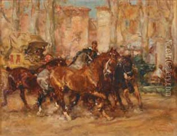 Palfrenier Conduisant Des Chevaux A La Fontaine Oil Painting - Henri Emilien Rousseau