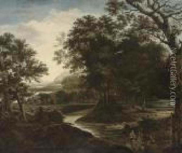 A Wooded River Landscape With A Traveller On A Track Oil Painting - Jan Looten