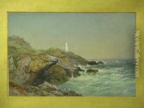Distinctive Lighthouse On Rocky Headland With Distant Sailing Vessels Oil Painting - William Arnee Frank