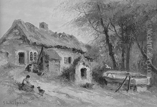 A Rural Scene, A Woman And Dog Before A Thatched Cottage Oil Painting - S.L. Kilpack