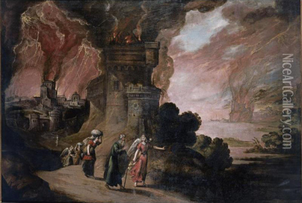 Lot And His Daughters Escaping From The Destruction Of Sodom And Gomorrah Oil Painting - Juan De La Corte