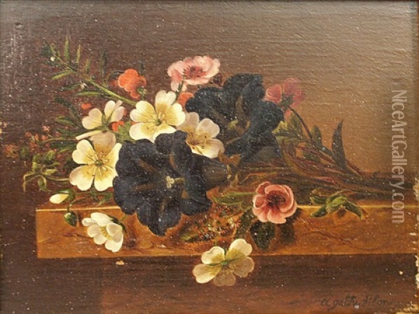 Floral Still Life On A Ledge Oil Painting - E. Agathe Pilon