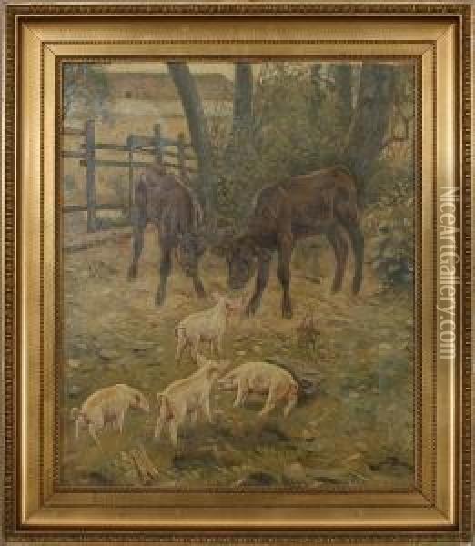 Calves And Piglets Oil Painting - Valdemar Irminger