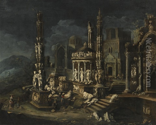 An Architectural Capriccio With A Group Of Figures Oil Painting - Francois de Nome