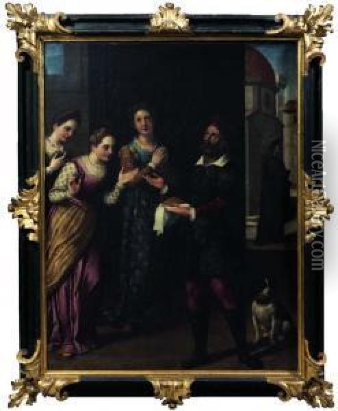 San Nicola Offre La Dote Alle Tre Fanciulle. Sullo Sfondo, Scorcio Di Firenze Oil Painting - Piero Salvestrini
