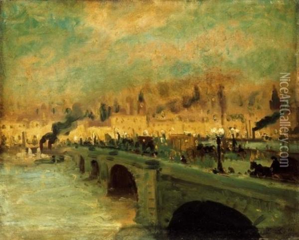 The Banks Of The Seine In Paris By Lamplight Oil Painting - Antal Berkes
