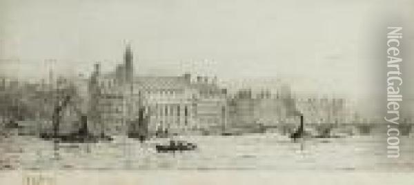 County Hall From The River Thames Oil Painting - William Lionel Wyllie