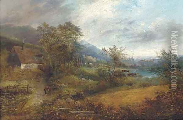 Cottages in a landscape Oil Painting - English School