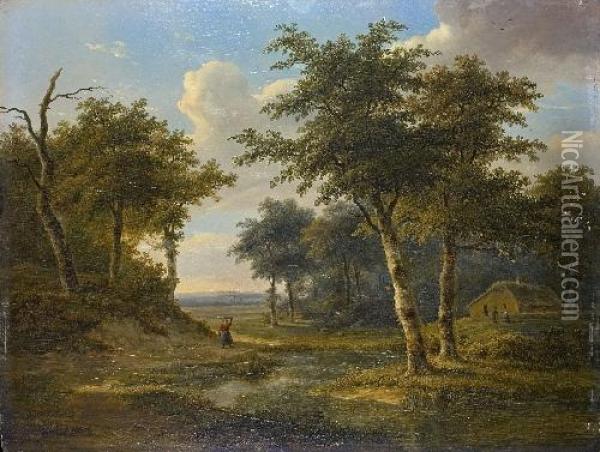 Bewaldete Flusslandschaft Mit Bauernhaus Und Staffagefiguren Oil Painting - Jean-Baptiste Coene