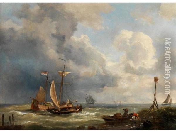 Schiffe Am Ufer In Bewegter See Oil Painting - Louis Verboeckhoven