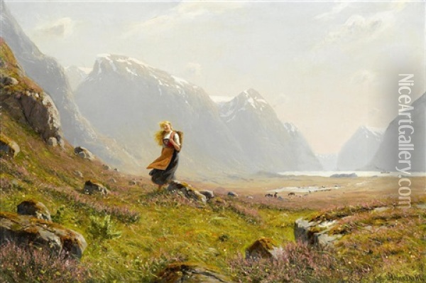 Young Girl On A Summer Alpine Stroll Oil Painting - Hans Dahl