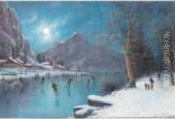 Skaters On A Frozen Lake By Moonlight Oil Painting - Nils Hans Christiansen