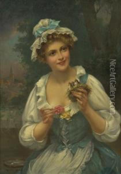 Portrait Of A Lady With Flowers And Birds Oil Painting - Francois Martin-Kavel
